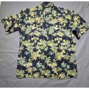Tori Richard Hawaiian Shirt Mens L Blue Leaves Plants Button Down Cotton Lawn